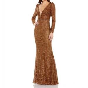 NEW MAC DUGGAL embellished long sleeve plunge trumpet gown in bronze